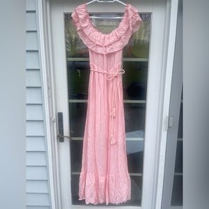 Pink, off the shoulder, maternity maxi dress with tie